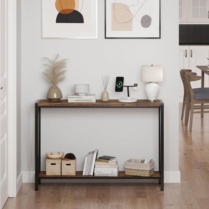 Table Console - Marron - MDF Haute Densité - 2 Niveaux - Rangement ...