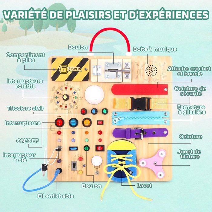 Tableau d'activités Montessori Jouet en bois à partir de 1 an Tableau d'activités avec 12 interrupteurs & 24 LED Jouet d'apprentissage sensoriel avec appareil musical & fonction de mélange de couleurs