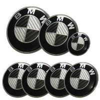 KIT 7 Badge LOGO Embleme BMW Carbone Noir Gris Capot + Coffre 74mm +Volant + 4 centre de roue