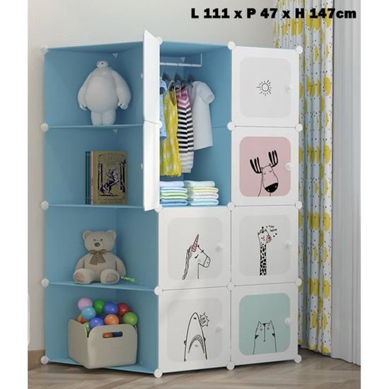 Meuble Rangement Enfant LANTUS 111x37x147cm - Armoire Étagère Plastique Avec Motifs Animaux - Montage Facile (Bleu)