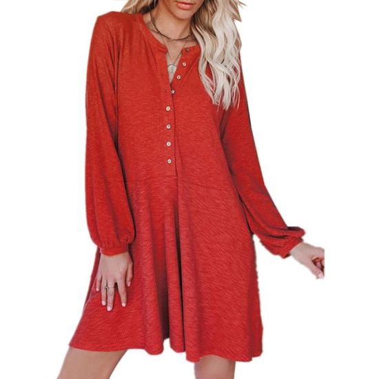 Robe mi-longue pour femmes, col en V, manches longues, taille haute, longueur aux genoux, Vintage, couleur unie, ligne a, ourlet ample, quotidien, automne et printemps acheter à prix bas - livraison gratuite