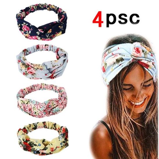 Bandeau Cheveux Femme, Accessoire Cheveux pour Fille 4PSC Headband Fleur de Vintage Imprimé Hairband Elastique Lot Serre