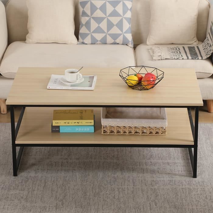 Table basse design industriel bois et métal noir avec 2 couches - 110x60x45cm