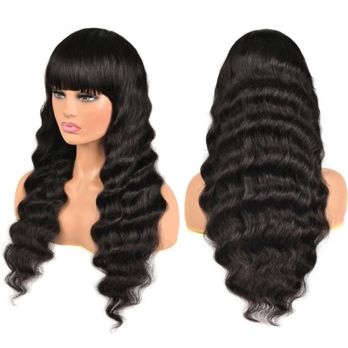 Brighten Star Collection,Loose Deep Wave Wig With Bangs Full Machine Made Human Hair Wig 30- Inch Wig Brazilian Remy Hair