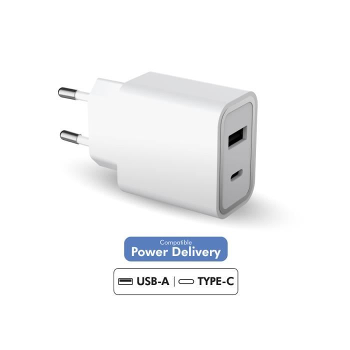Chargeur maison Garanti à vie double USB A+C PD 37W (12+25W) Power Delivery Blanc Force Power