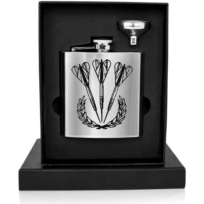 Laser Gravé 170ml Flasque en Acier Inoxydable Avec Fléchettes Design - Coffret Cadeau Et Entonnoir Inclus