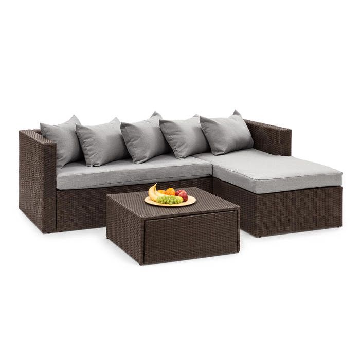 Blumfeldt Theia Lounge Salon de jardin 5 places en résine tressée - canapé, table, coussins & housses gris clair - polyrotin marron