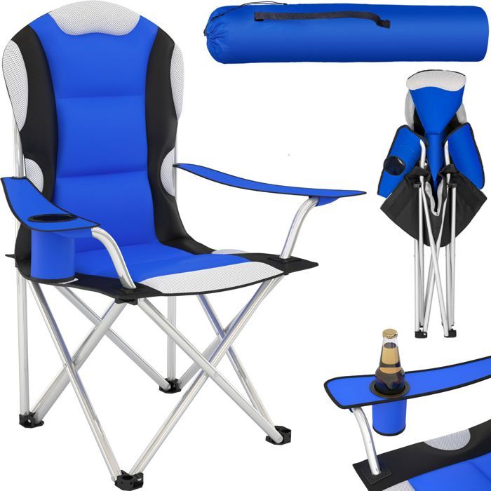 TECTAKE 1 Chaise Pliante de Plage de Camping avec Porte Boisson + Sac de transport Bleu Noir