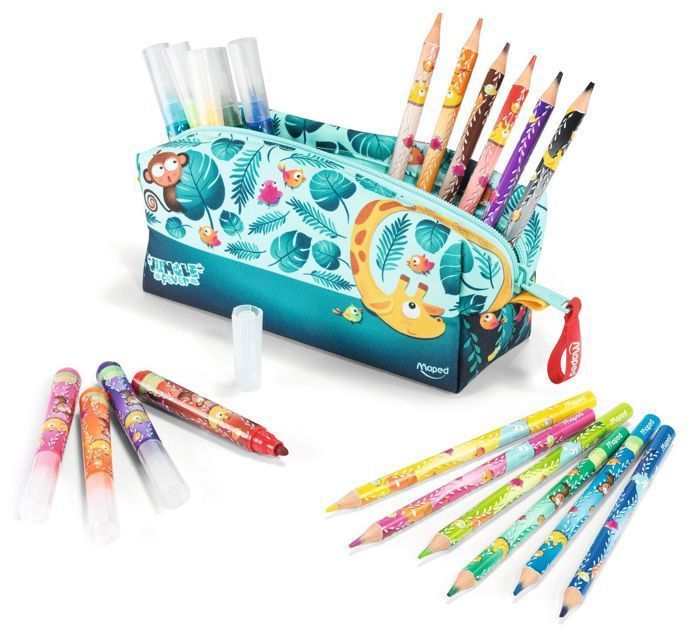 Maped - Trousse en tissu + 12 Crayons de couleur + 12 Feutres Jumbo - Trousse JUNGLE FEVER - Enfants dès 2 ans