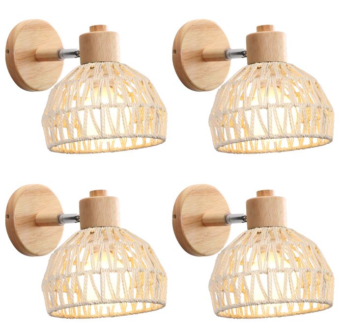 IDEGU 4x Applique Murale Intérieur Vintage 20cm E27 Lampe Murale Réglable en Bois et Rotin Industriel Rotin Blanc pour Salon