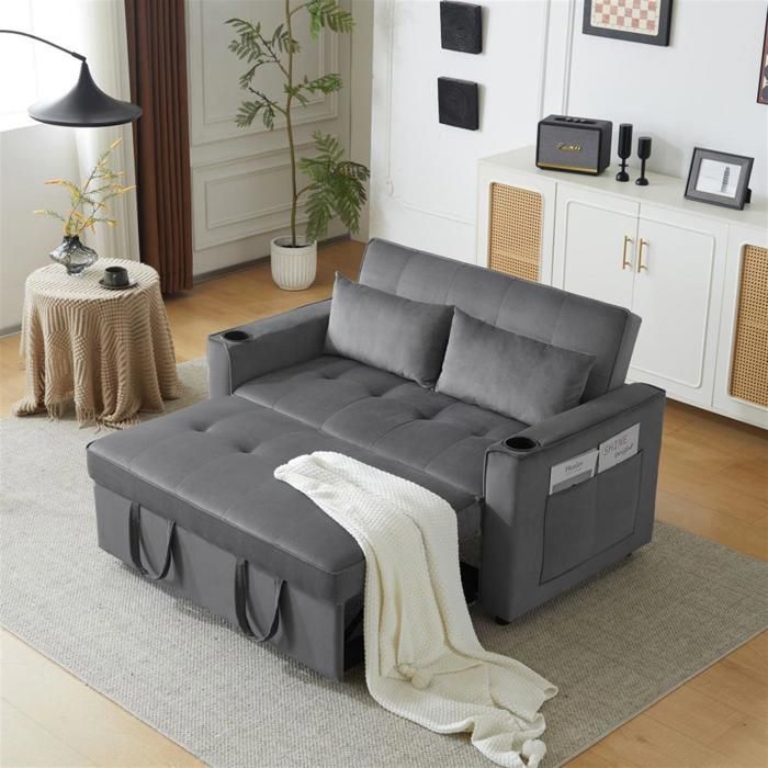 GUTENT Canapé-lit 2 places gris velours – porte-gobelets dossier 3 positions bois massif