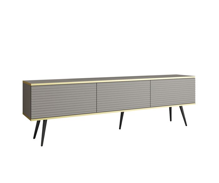 Meuble TV Avec Lamelles Gris pieds Noir 175 x 30 x 52 cm Push to Open