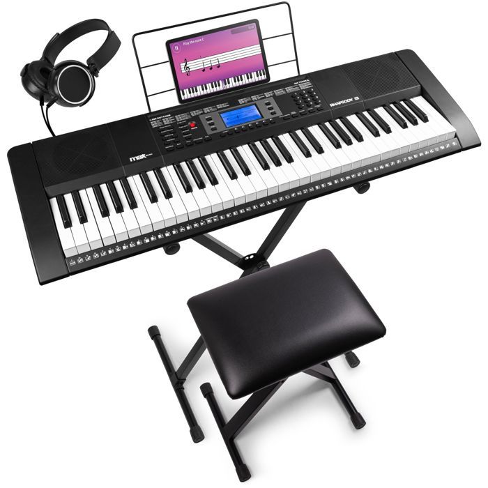 Kit Clavier Électronique 61 Touches Max KB4 Débutant - Support, Banc, Casque, Enregistrement, Simply Piano, Idéal Enfant & Adulte