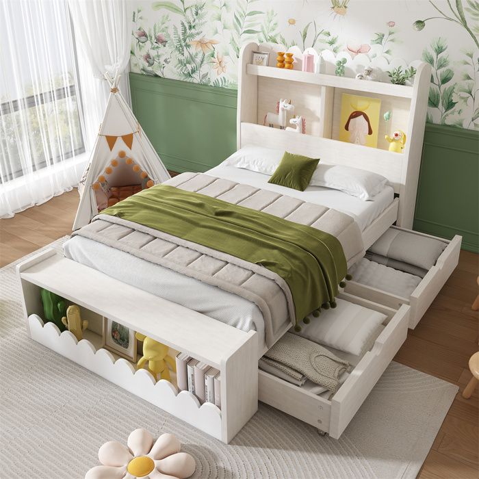 Lit Enfant 90x190 Lit Montessori Simple avec Rangementpour FillesGarçonsTiroirsÉtagèresSommier à LattesBoisBlanc et Chêne