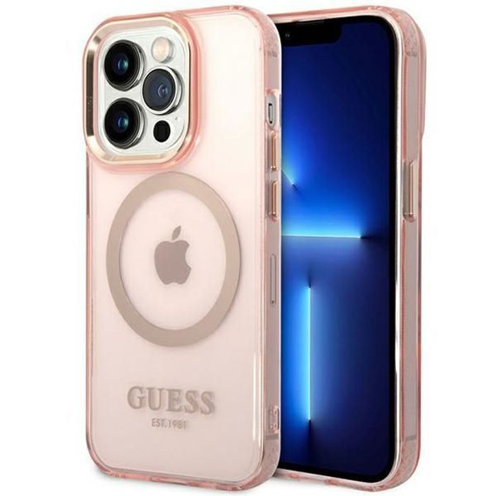 Guess GUHMP14XHTCMP iPhone 14 Pro Max 6.7 Coque Rigide Contour Doré Translucide MagSafe