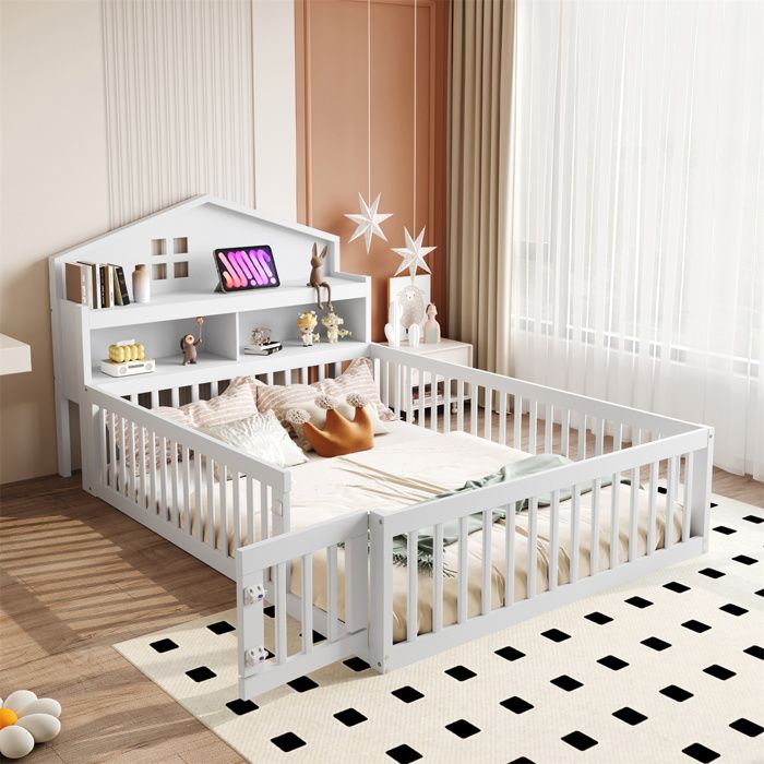 Lit Au Sol Enfant - Lit Montessori pour Fille et Garcon - avec Barrière et Porte - étagères - Rangement - Blanc - 140x200cm