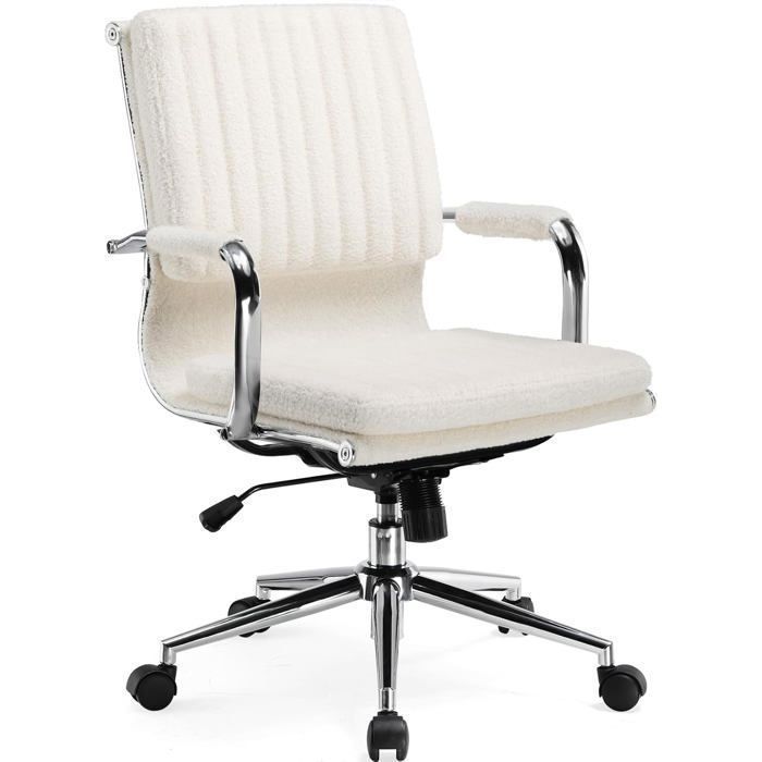 Chaise de bureau - COMHOMA - Teddy - Réglable en hauteur - Accoudoirs - Tissu Teddy blanc