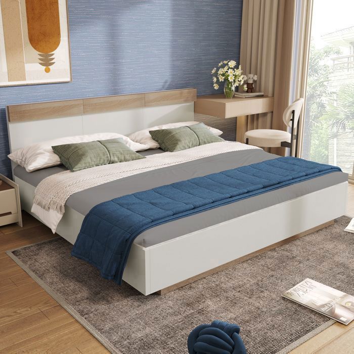 Lit double en bois 160x200 cm Lit adulte avec tête de lit et sommier à lattes Ensemble en chêne Sonoma/blanc