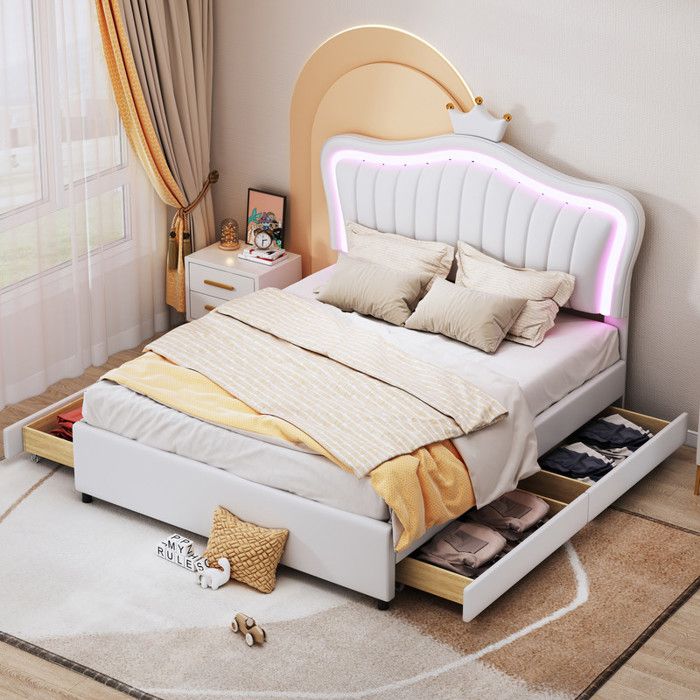 Lit denfant 140x200cm couronne blanche fille cadre de lit en cuir PU avec porte-glissières de rangement lampes LED appuie-dos