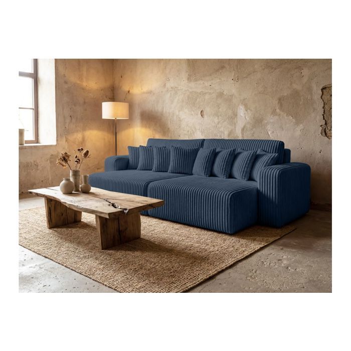 Canapé droit 4 places JADE double méridienne et assise profonde en velours côtelé épais - Bleu foncé