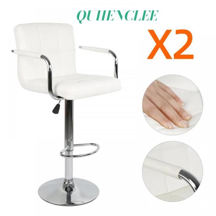 Lot de 2 tabourets de bar en cuir blanc QUIIENCLEE avec accoudoirs hauteur réglable (95-115 cm) pour cuisine moderne