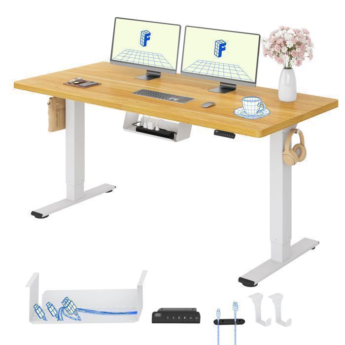 FlexiSpot Bureau Assis Debout avec 2 MoteursPlateau Une Pièce 160×80 100kg ChargeFonctions Mémoires et Anti-CollusionBlanc+Maple
