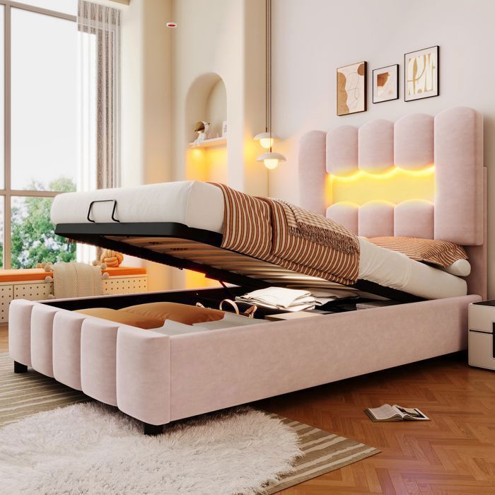 Lit coffre - MERAX - Lit coffre LED tête réglable 90x200 - Velours rose - Sommier inclus - Coffre hydraulique Lit coffre - MERAX - Lit coffre LED tête réglable 90x200 - Velours rose - Sommier inclus - Coffre hydraulique