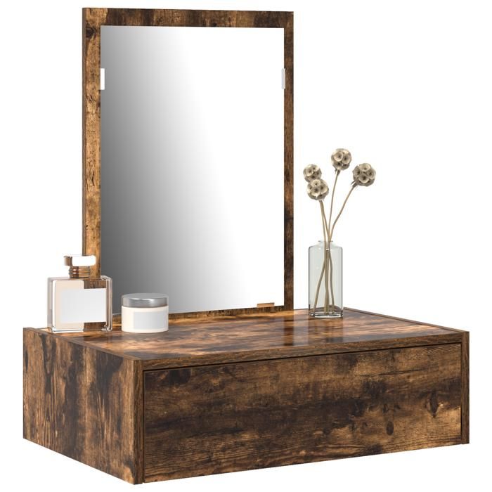 Table de maquillage murale - vidaxl - Chêne fumé - 60x40x70 cm - Grand tiroir - Miroir intégré - Rangement structuré