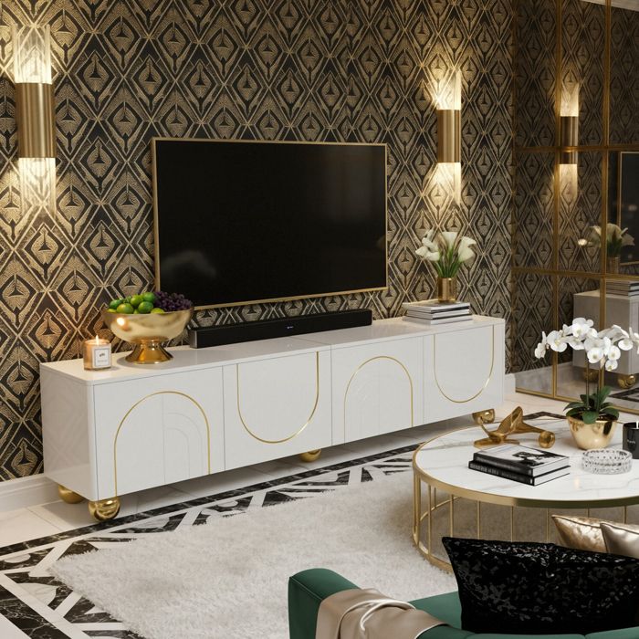 Meuble TV 170 x 38 x 44 cm - avec 4 Portes Push-to-Open - Design Arche Dorée - Style Art Déco - Blanc