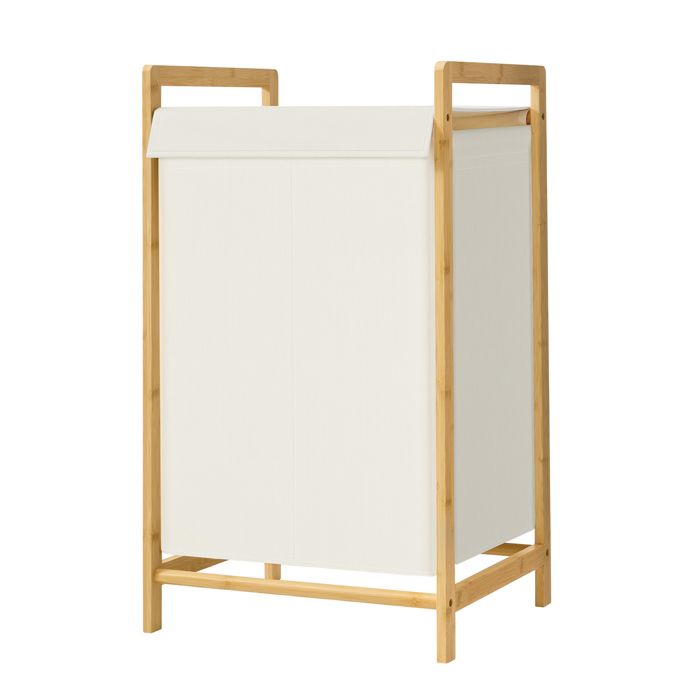 Panier à Linge avec Couvercle 2 Compartiments Cadre en Bambou Sac à Linge Amovible 100 L Crème