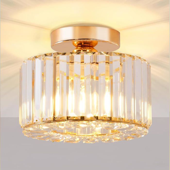 Plafonnier en Cristal Plafond Moderne Doré Luminaire E27 Lustre Semi-Encastré pour Salon Chambre Cuisine Salle à Manger