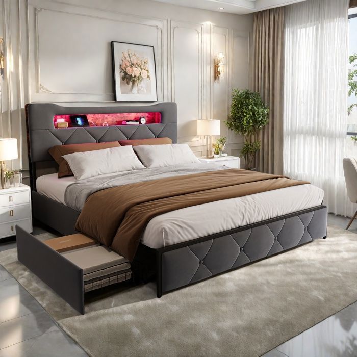 ADWOLT Lit adulte 160x200 cm LED Port USB Type-C 4 tiroir tissu en velours cadre de lit 160x200 cm Gris