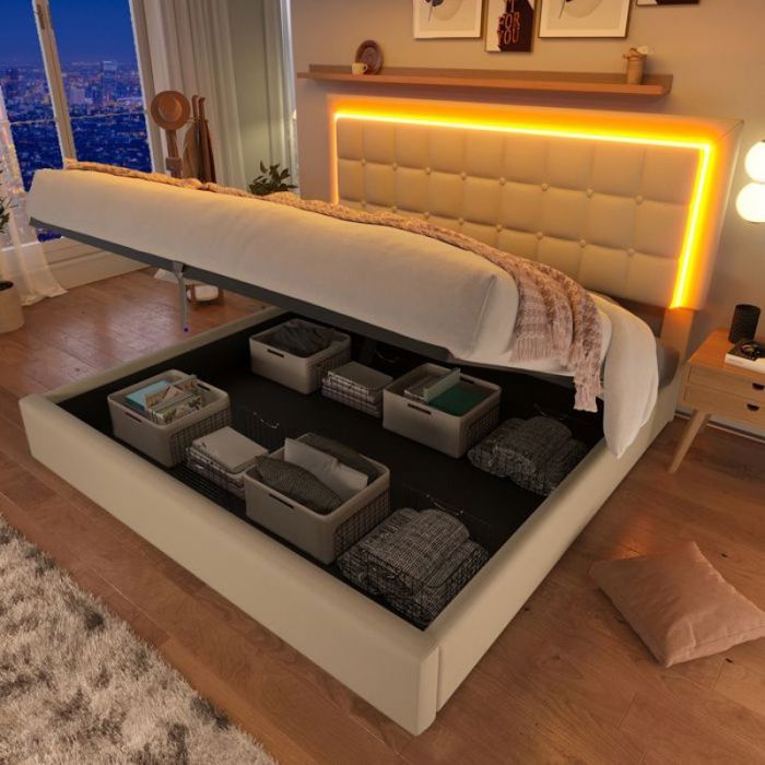 Lit Double Lit Rangement 140x200 Avec LED - Cadre Lattes Similicuir Blanc Matelas Rembourré Et Couvre-lit Pratique(s LIT COMPLET