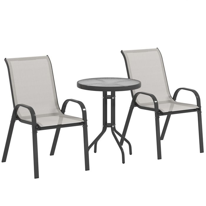 Salon de jardin extérieur - Outsunny - 3 pièces - 2 fauteuils empilables et table basse avec dessus en verre trempé - gris clair Salon de jardin extérieur - Outsunny - 3 pièces - 2 fauteuils empilables et table basse avec dessus en verre trempé - gris clair