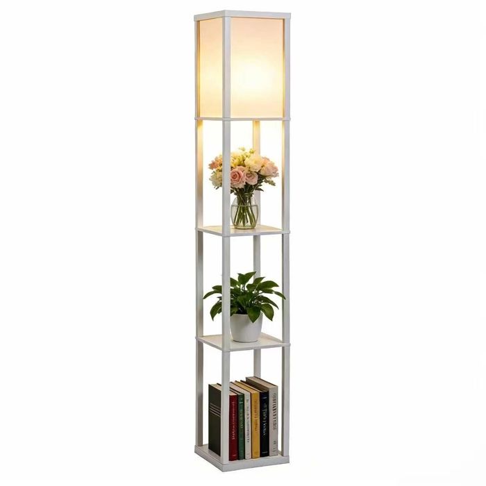 BELLEMAVE Lampadaire sur Pied Salon - Lampadaire avec 3 étagères de rangement - Sans globe à ampoule - 26x26x160 cm - Blanc