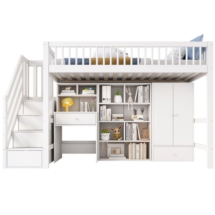 Lit Mezzanine Enfant Blanc 90x200cm-Bois Massif MDF-Bureau Escalier Casiers Armoire-Multifonctionnel sans Matelas