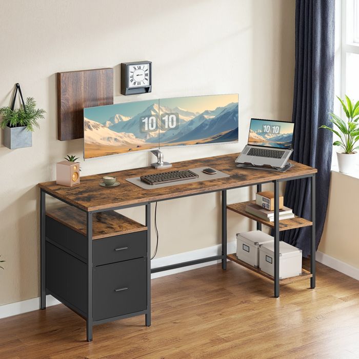 Bureau d’Ordinateur 2 Tiroirs 160 x 60 x 76 cm pour Bureau Salon Marron et Noir