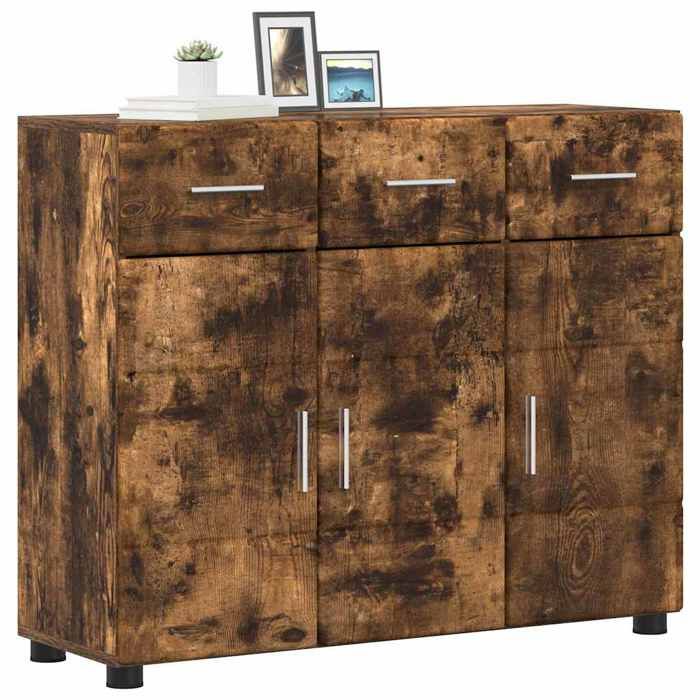 [63952]Buffet Bahut MEUBLECHIC commode meuble de rangement Chêne fumé 88 5x30 5x73 cm Bois dingénierie Poids:28.42 Kg