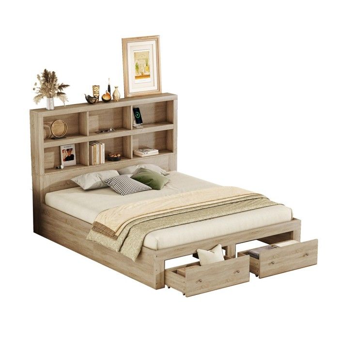 Lit Double Plateforme 160x200cm Naturel King-size- 2 Tiroirs et Tête de Lit- Rangement Spacieux sans Matelas- En Aggloméré