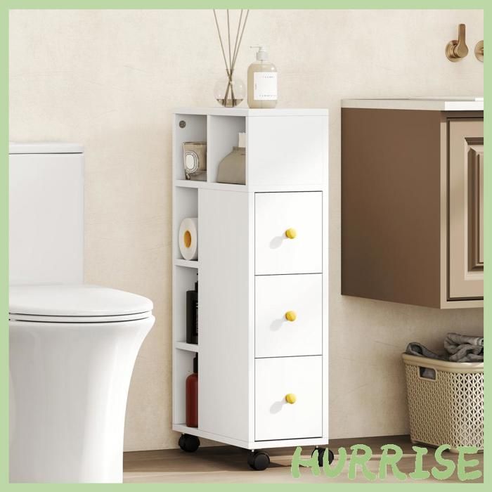 Cocosity Meuble De Salle De Bain À Roulettes Meuble De Rangement Étroit 3 Tiroirs 5 Compartiments Ouverts 20X40X80Cm Blanc
