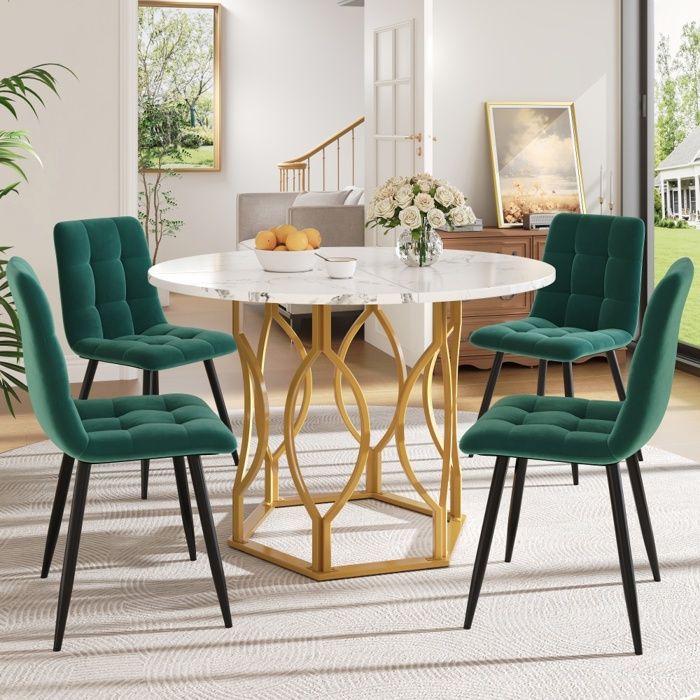 Ensemble repas (5 pièces) - Set 5pcs - Table ronde 100 cm - Plateau MDF motif marbre - 4 chaises velours vert foncé