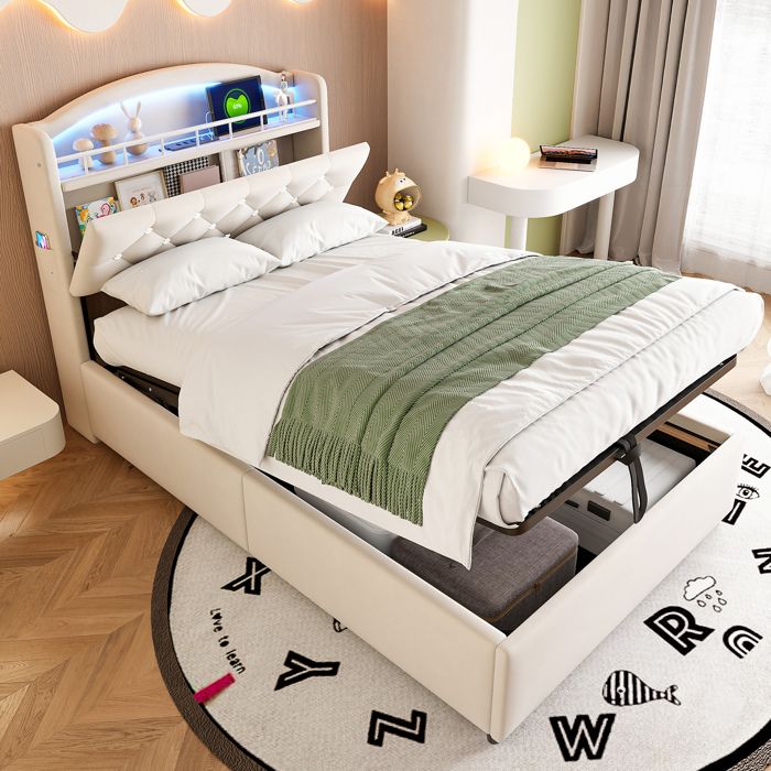 Lit enfant 90 × 200 cm en tissu beige avec rangement LED et USB