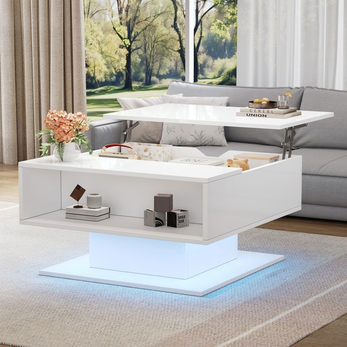 Table basse réglable 80 x 75 x 40 cm table de salon avec led + rangement semi-ouvert table basse géométrique blanc