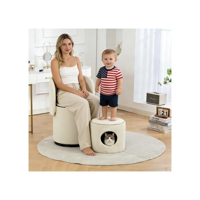 Chaise de Maquillage Pivotante en Tissu Velours côtelé avec Nid de Chat - Tabouret Coffre de Rangement - Dossier Amovible - Moderne