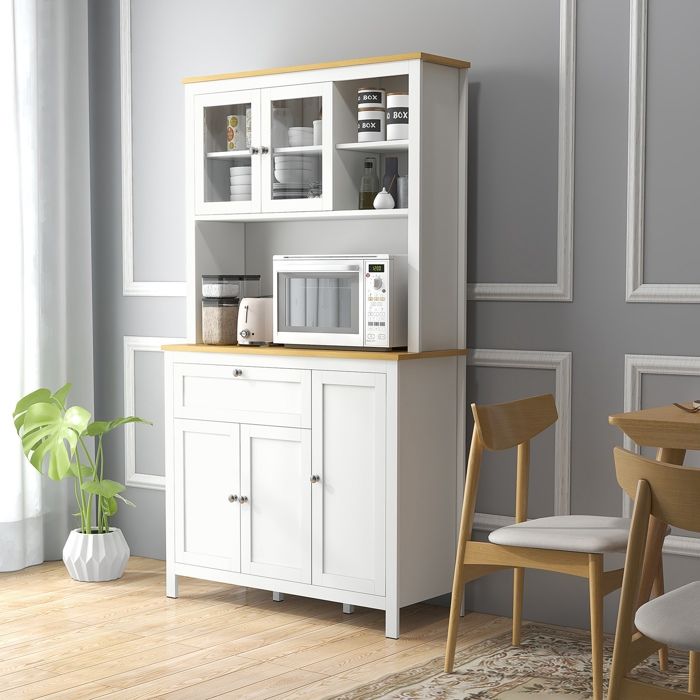 MOTHINESSTO1618-Buffet de cuisine haut 5 portes dont 2 portes vitrées et 1 tiroir 1 niche centrale - hauteur 180 cm blanc
