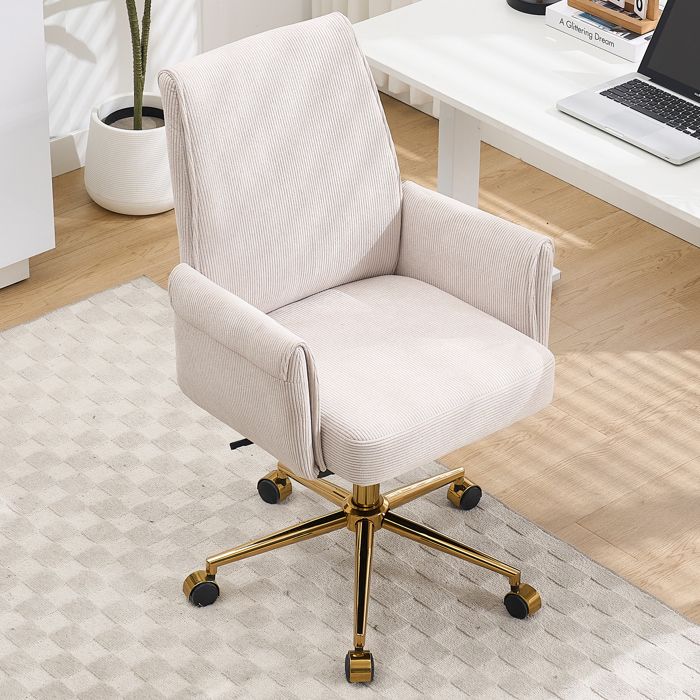 Chaise de bureau en velours côtelé avec accoudoirs réglable en hauteur pivotante blanc