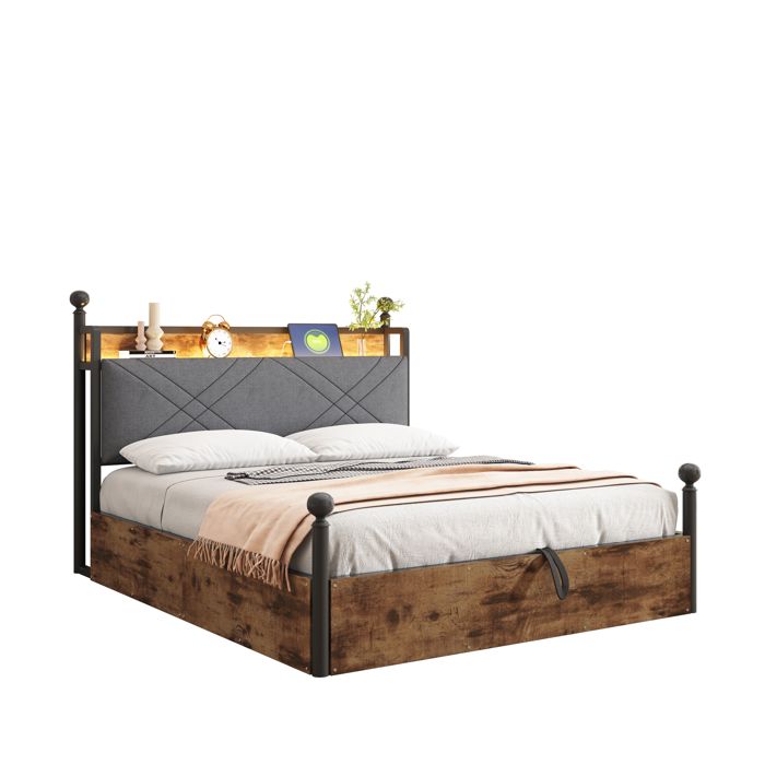 VLIVRA Lit Coffre Lit Double Coffre Hydraulique Structure Amovible LED Réglable USB et USB-C 140×190 cm sans Matelas