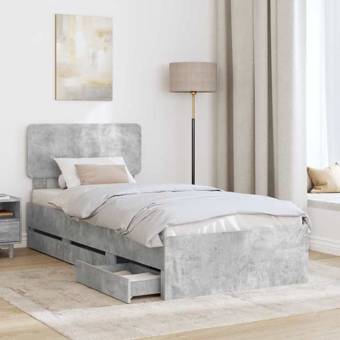 Structure/Cadre de lit Gris Béton 90X190 cm - Bois d’ingénierie - pour adul/enfant NL93558
