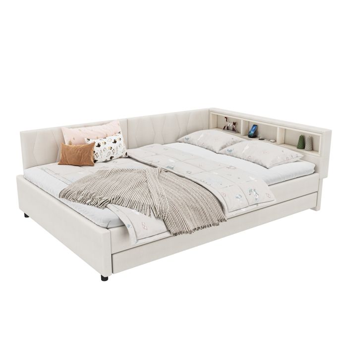Lit banquette 140x200cm avec USB Type-C LED et rangements enfants et adultes lit extensible sommier à lattes lin beige
