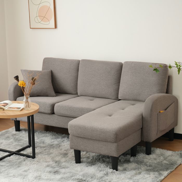 Canapé dangle méridienne modulable 3 places avec en coton lin gris foncé